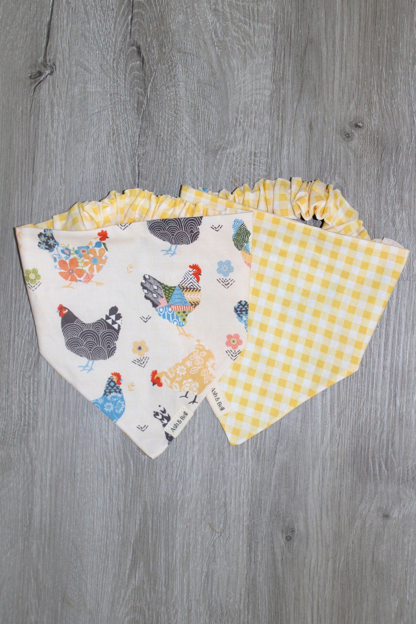 Chickens and Yellow Gingham Reversible Scrunchie Pet Bandana