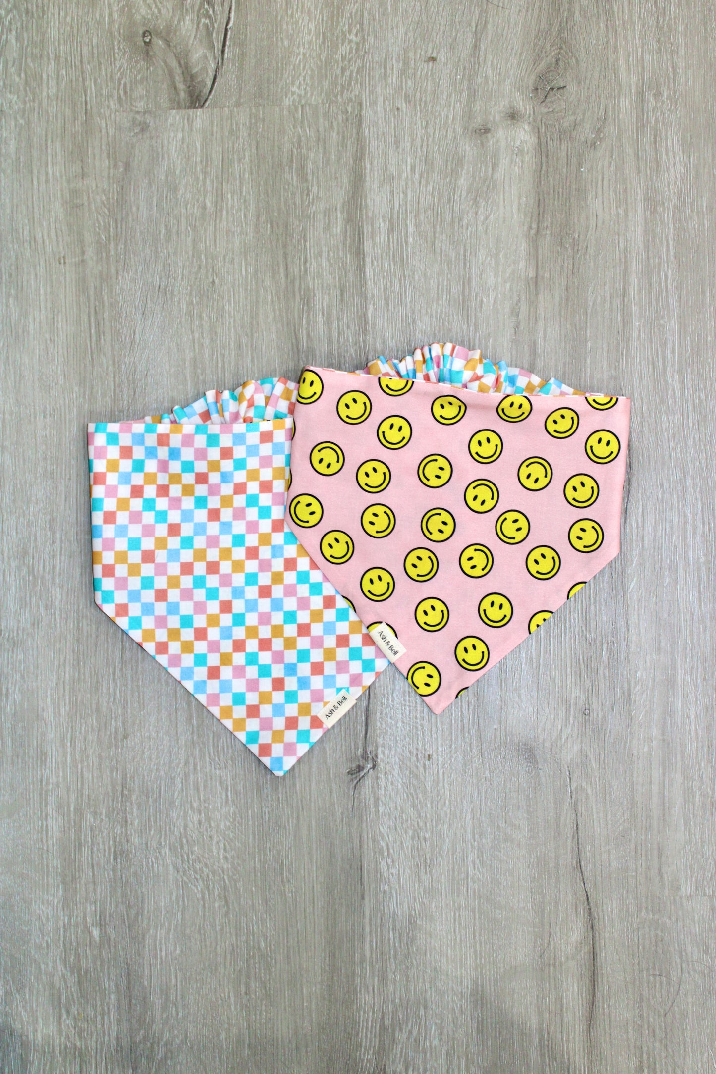 Pink Smileys and Checkers Reversible Scrunchie Pet Bandana