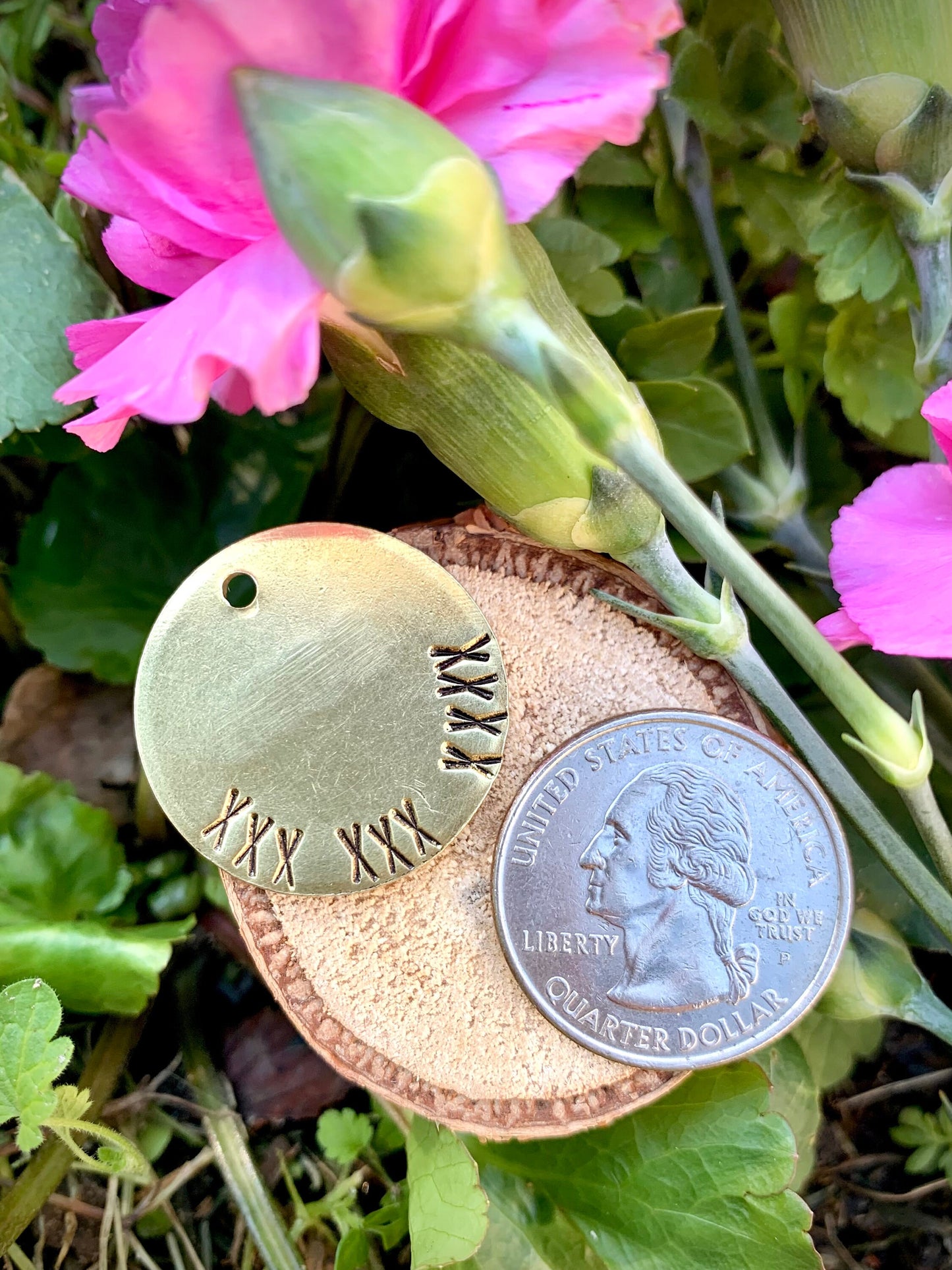 Birth Month Flower Field Hand-stamped Brass or Silver Pet ID Tag Keychain