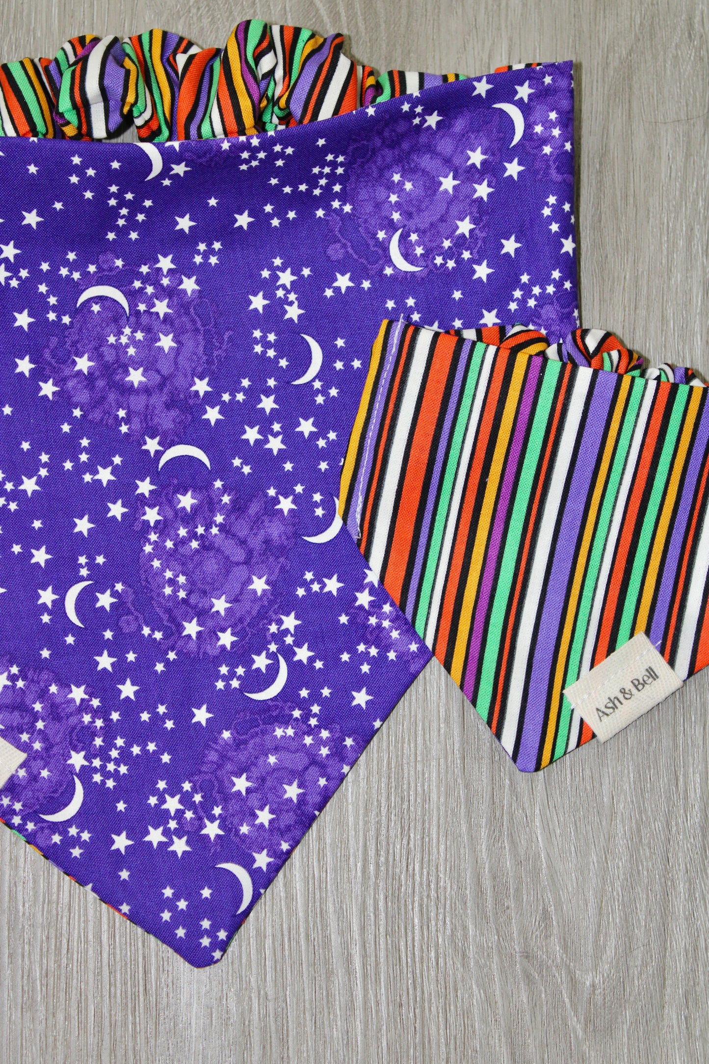 Halloween Stripes and Purple Moons Scrunchie Pet Bandana