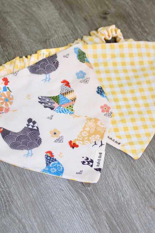 Chickens and Yellow Gingham Reversible Scrunchie Pet Bandana