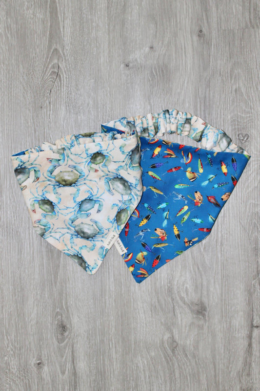 Blue Crabs and Fishing Lures Reversible Scrunchie Pet Bandana