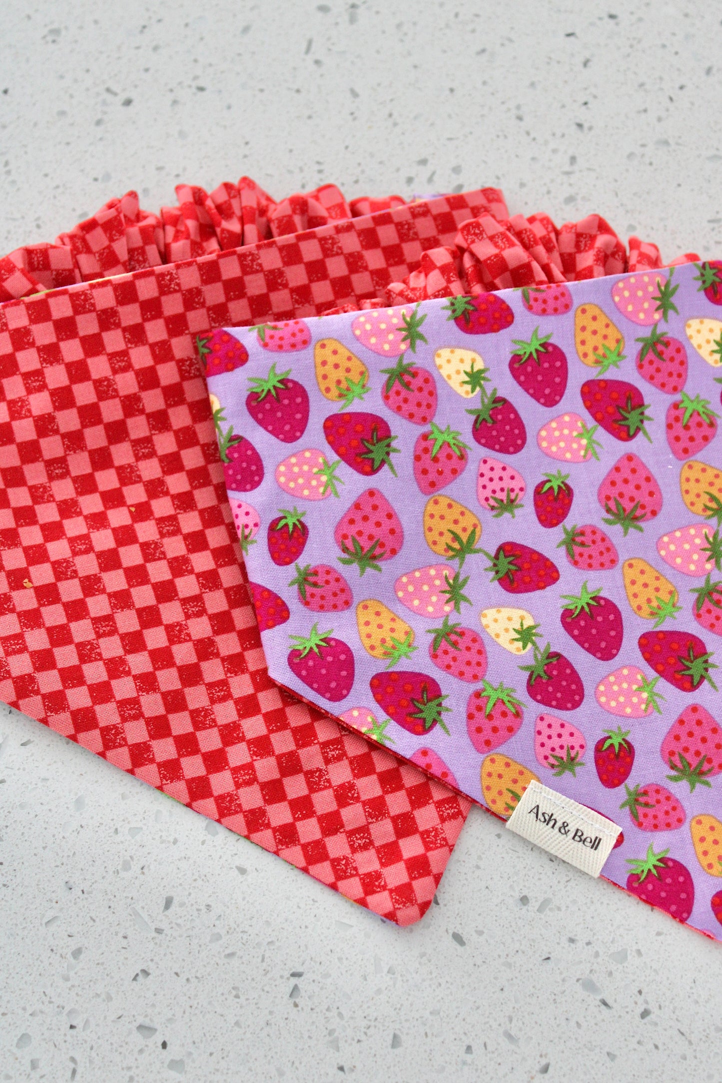 Purple Strawberries & Red Checkers Reversible Scrunchie Pet Bandana