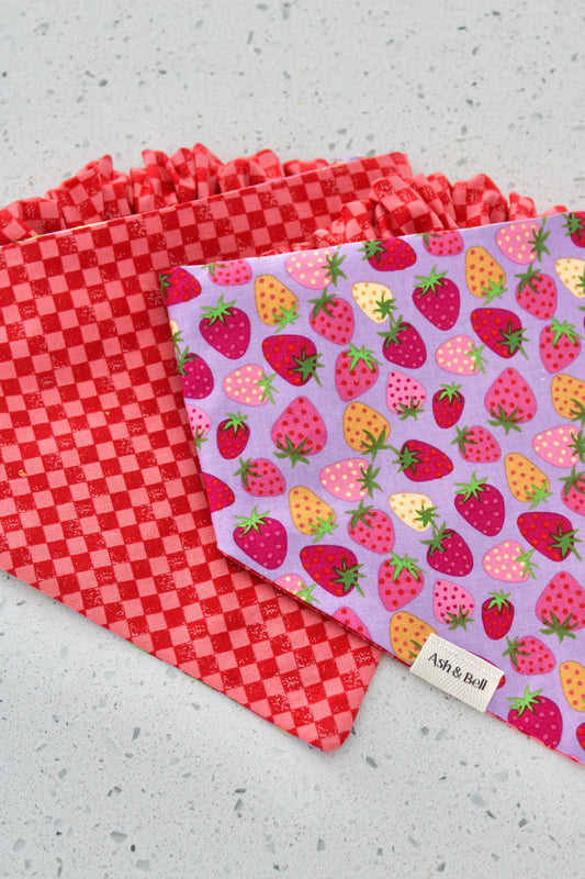 Purple Strawberries & Red Checkers Reversible Scrunchie Pet Bandana
