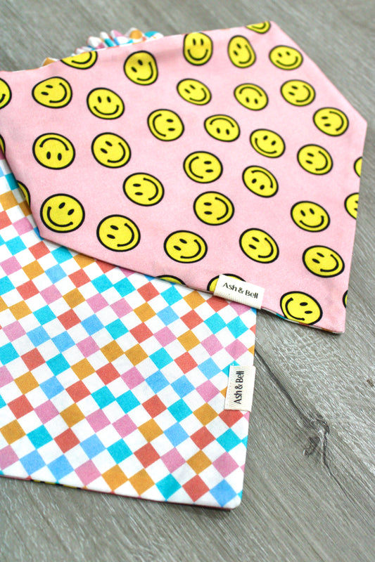 Pink Smileys and Checkers Reversible Scrunchie Pet Bandana