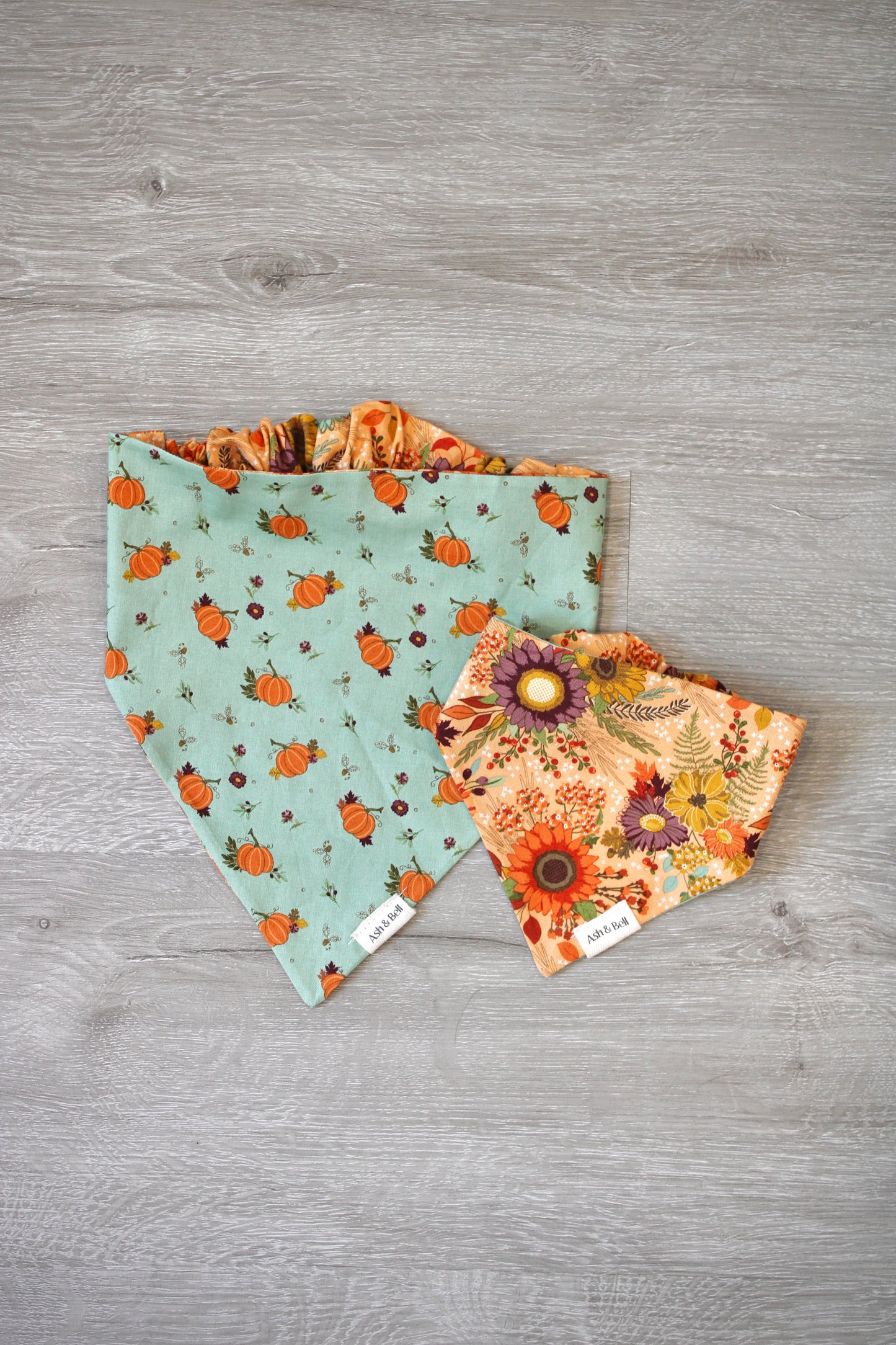 Teal Pumpkins and Harvest Flowers Reversible Scrunchie Pet Bandana