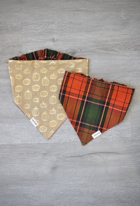 Golden Pumpkins and Plaid Reversible Scrunchie Pet Bandana