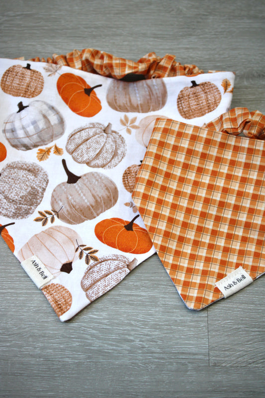 Pumpkin Spice and Orange Plaid Reversible Scrunchie Pet Bandana