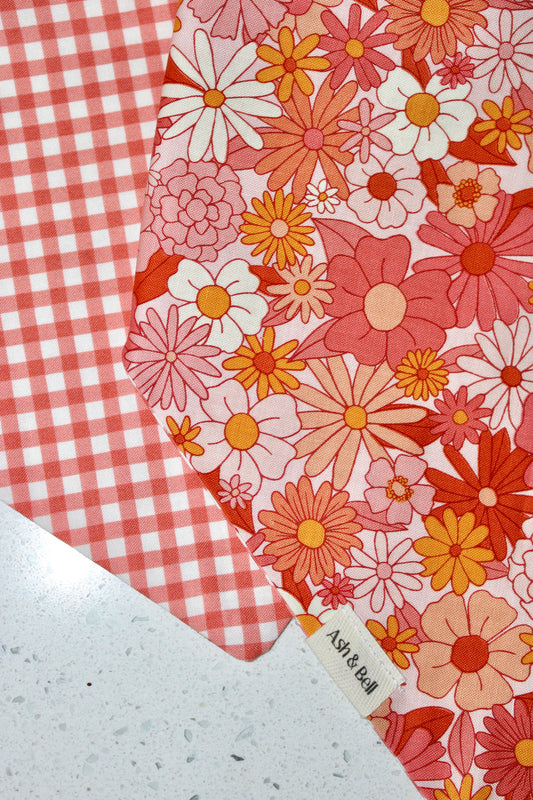 Pink Retro Flowers and Gingham Reversible Scrunchie Pet Bandana