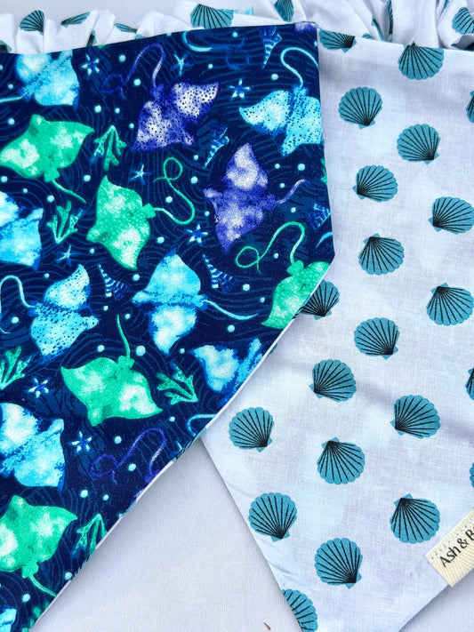 Blue Rays and Seashells Reversible Scrunchie Pet Bandana