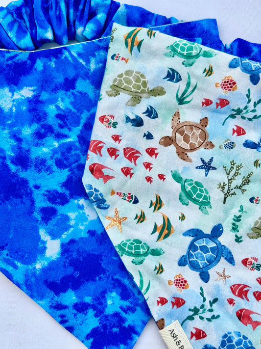 Ocean Animals and Blue Tie-die Reversible Scrunchie Pet Bandana