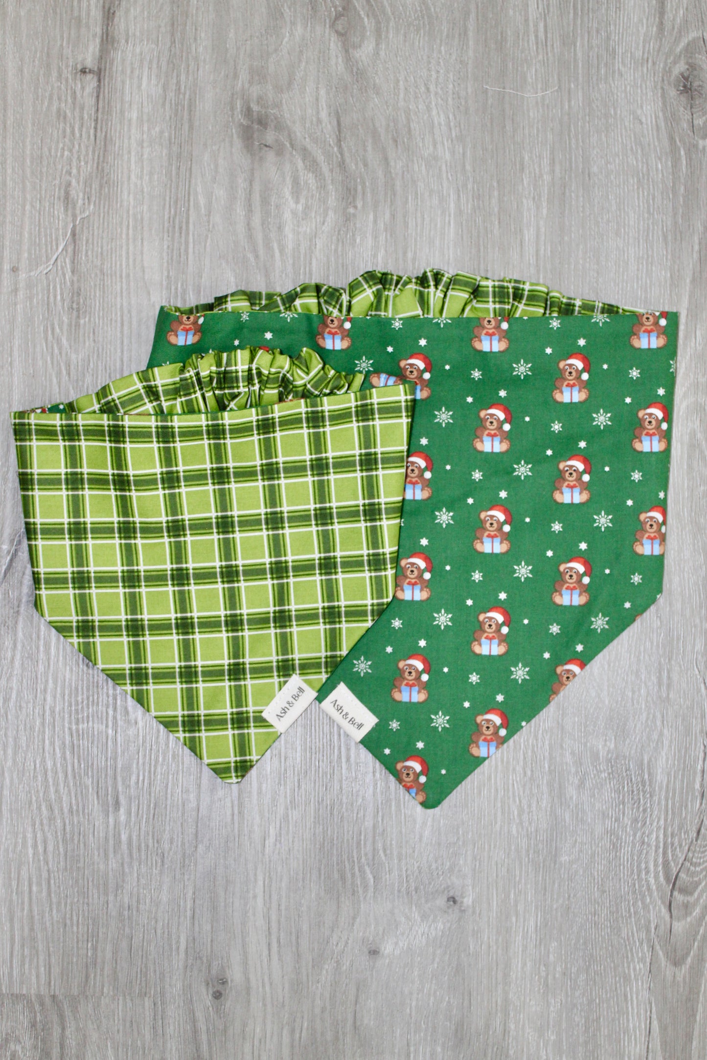 Green Plaid + Teddies Holiday Reversible Scrunchie Pet Bandana
