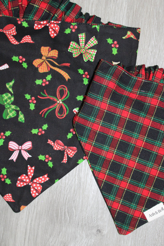 Red and Black Bows + Plaid Reversible Scrunchie Pet Bandana