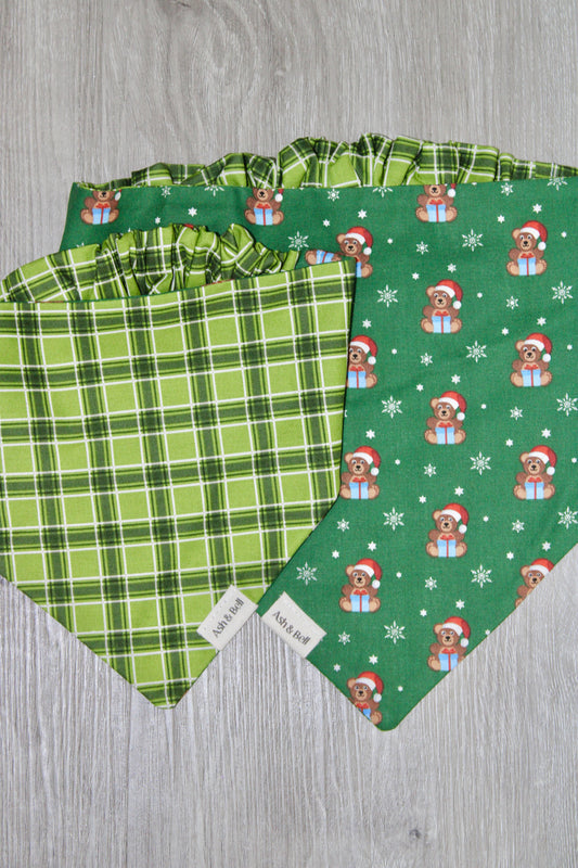 Green Plaid + Teddies Holiday Reversible Scrunchie Pet Bandana