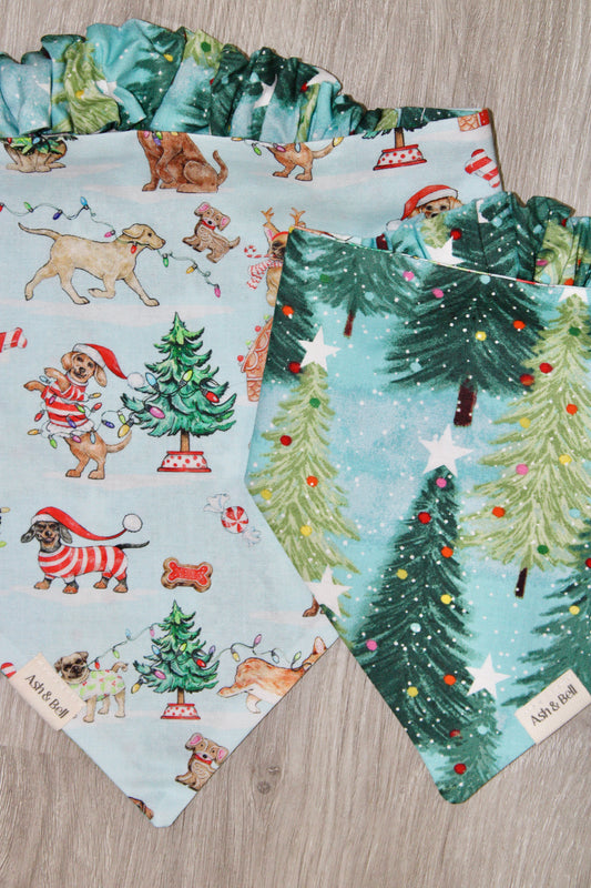 Christmas Trees +Holiday Dogs Reversible Scrunchie Pet Bandana