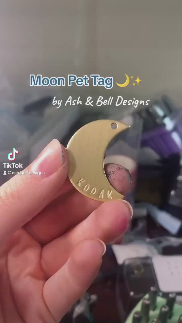 Moon Shape Mountain Scape, handstamped pet ID TAG, in brass or aluminum