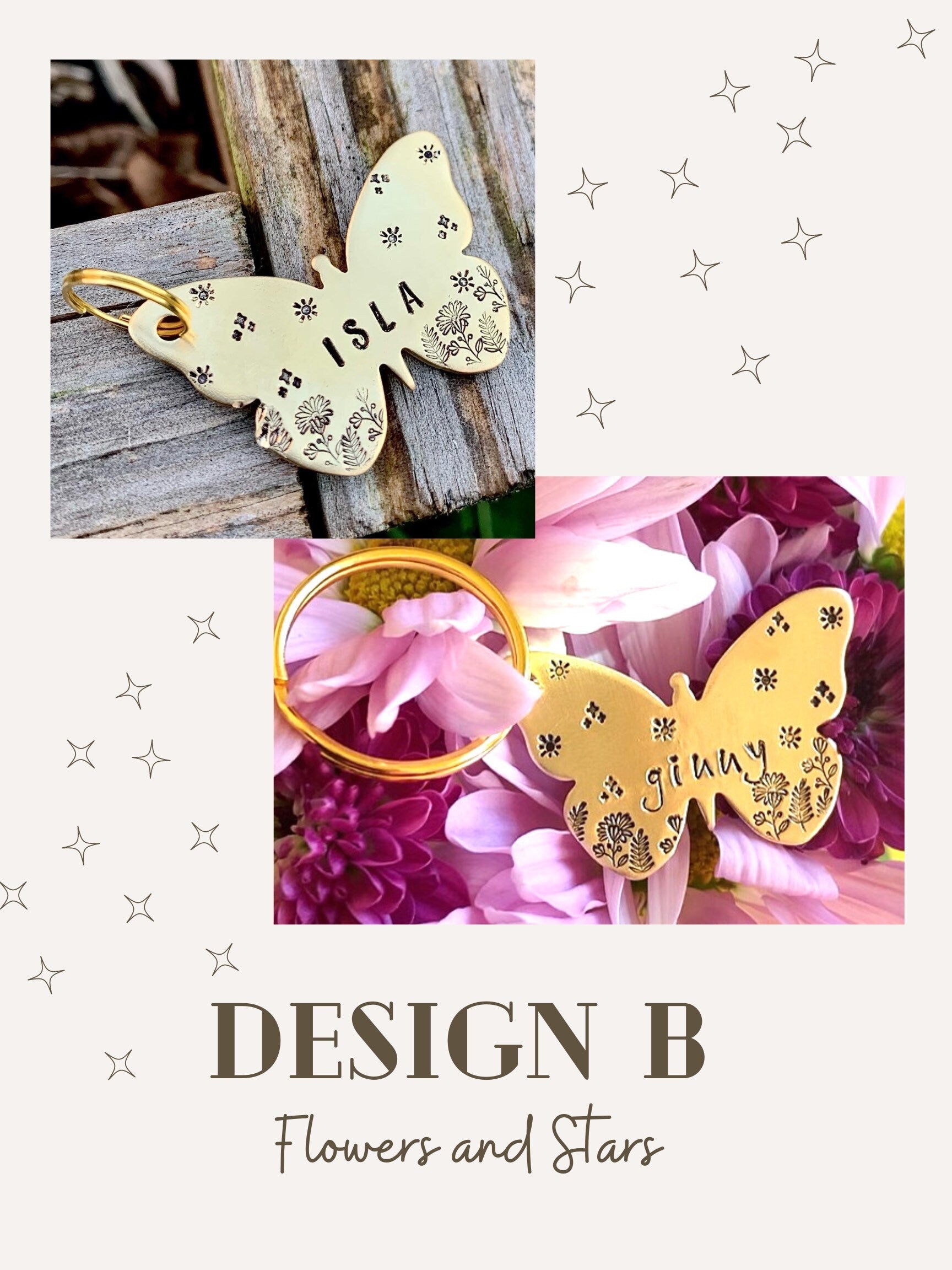 Butterfly Flower Field with Stars or mushrooms Pet ID tag, dog tag , cat tag, pet tag, handstamped in silver or brass