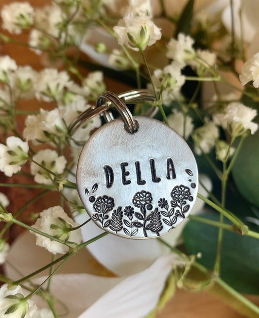 Birth Month Flower Field Hand-stamped Brass or Silver Pet ID Tag Keychain