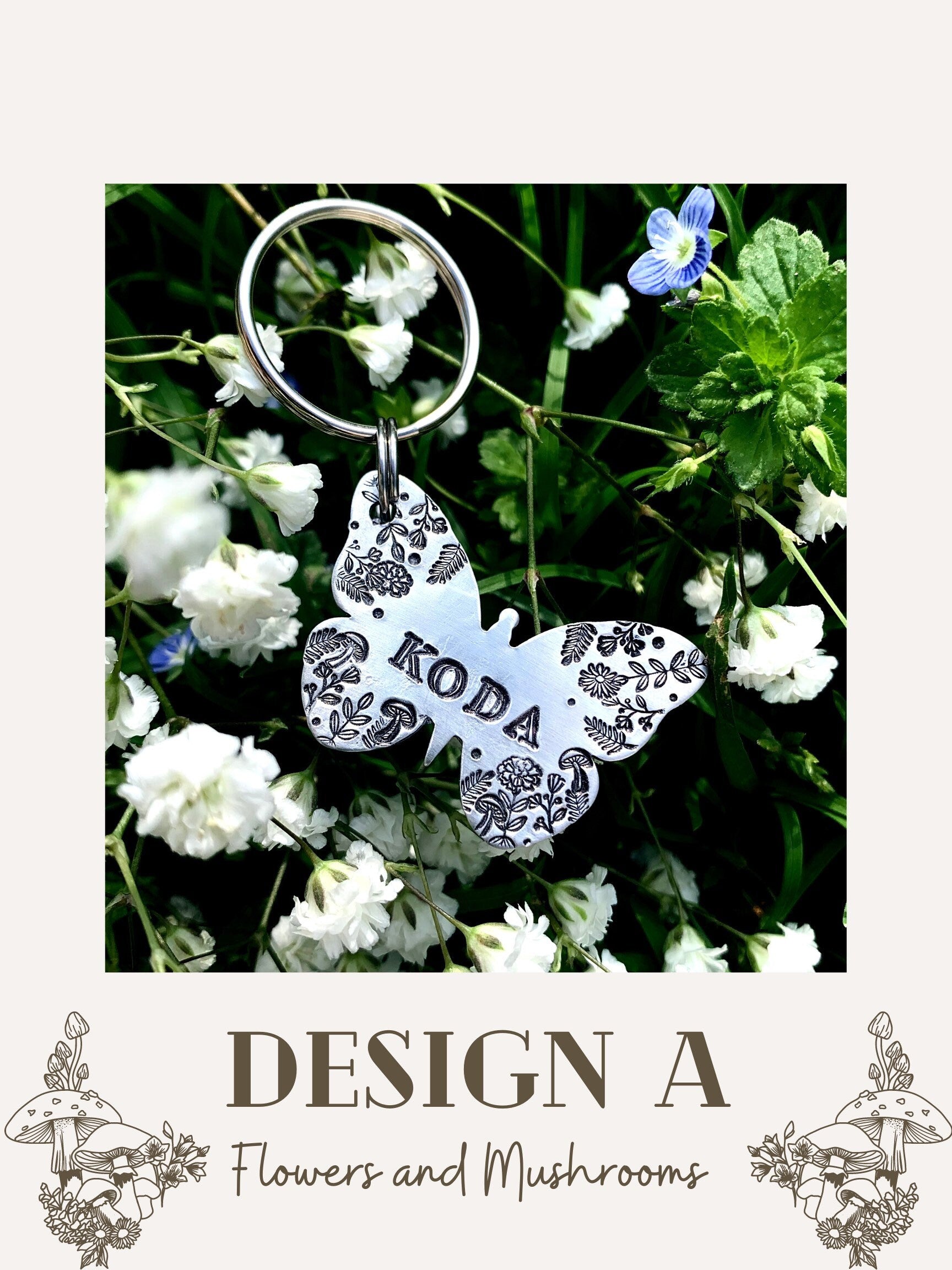 Butterfly Flower Field with Stars or mushrooms Pet ID tag, dog tag , cat tag, pet tag, handstamped in silver or brass