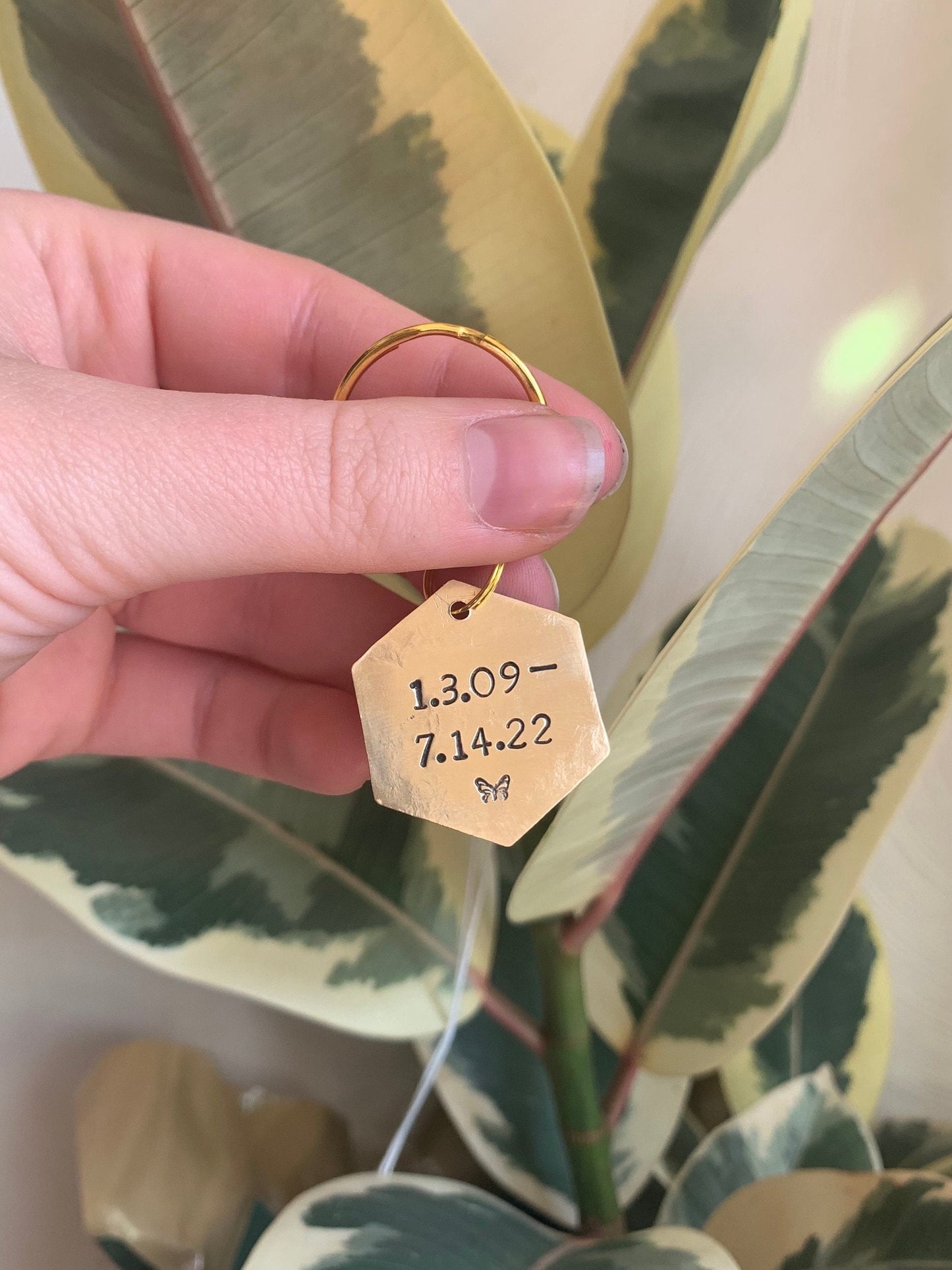 Loved Ones Lost Date Keychain, hexagon shaped with name and dates (pet loss, child loss, parent loss)