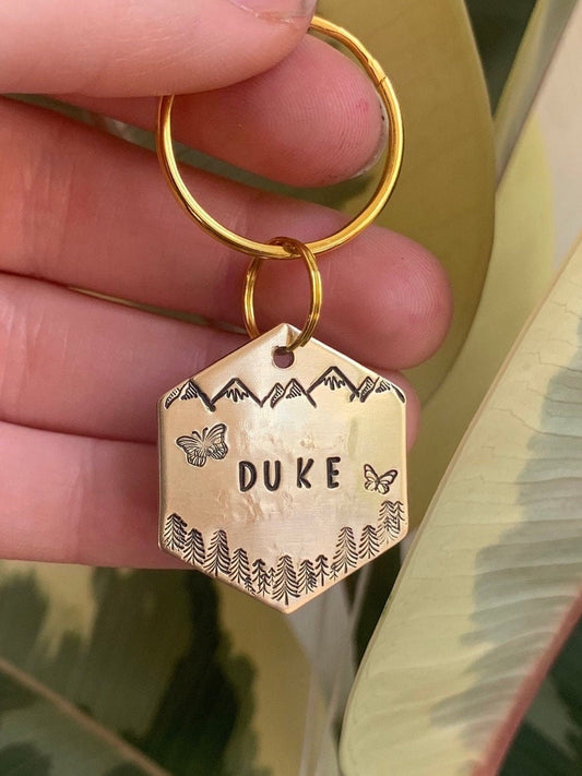 Loved Ones Lost Date Keychain, hexagon shaped with name and dates (pet loss, child loss, parent loss)